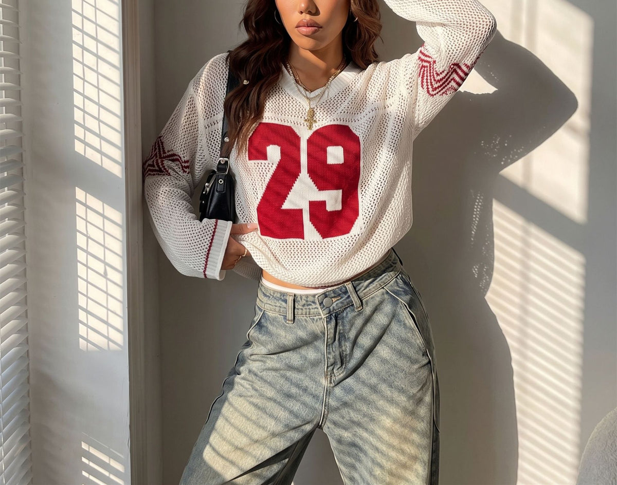 Women's Oversized Graphic Number Mesh Sweater Streetwear