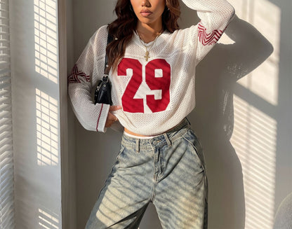 Women's Oversized Graphic Number Mesh Sweater Streetwear