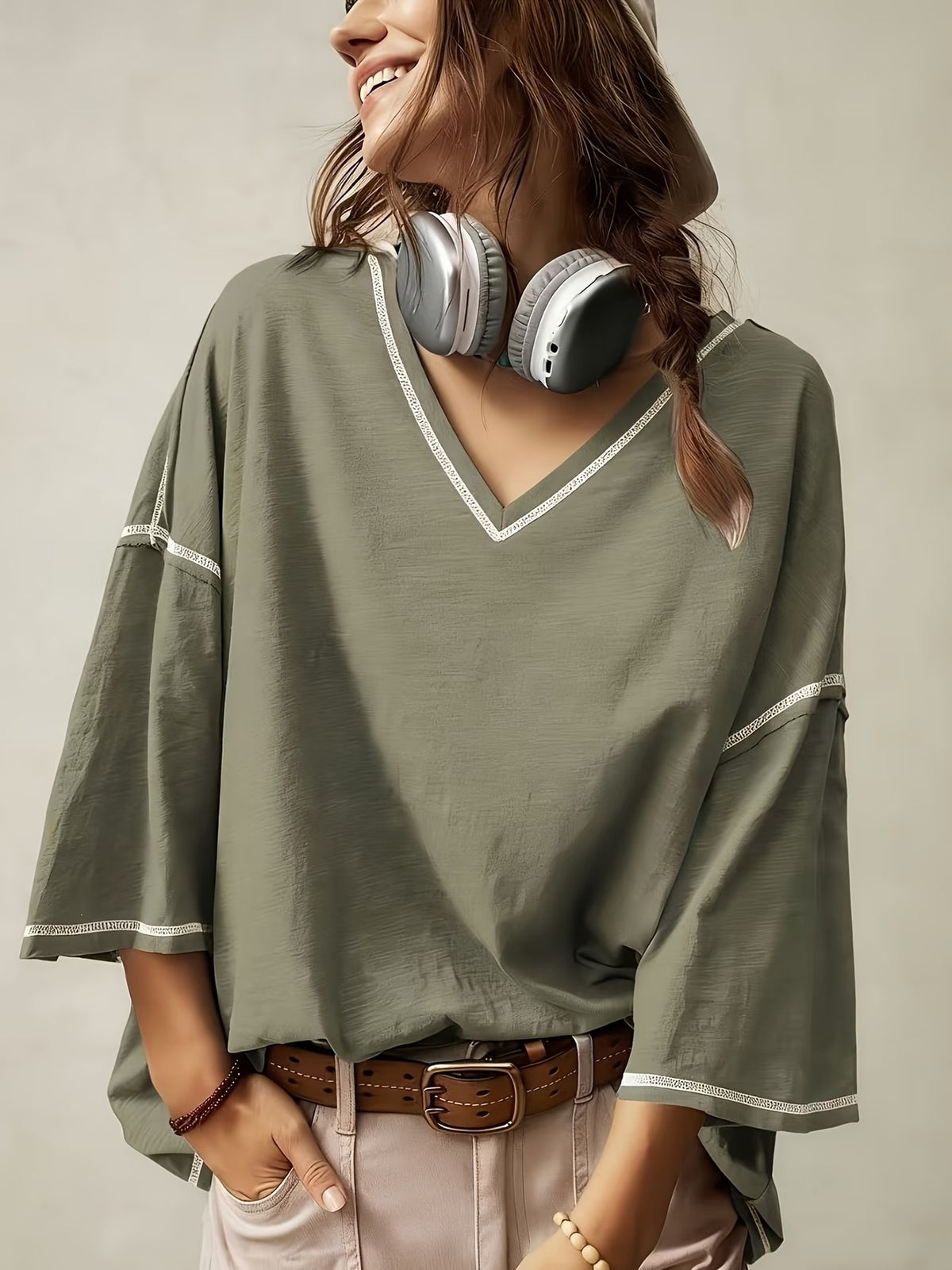 Women's Oversized V-Neck Batwing Sleeve Casual Top