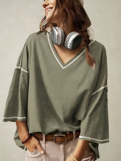 Women's Oversized V-Neck Batwing Sleeve Casual Top