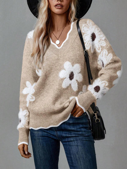 Women's V Neck Floral Fuzzy Pullover Sweater