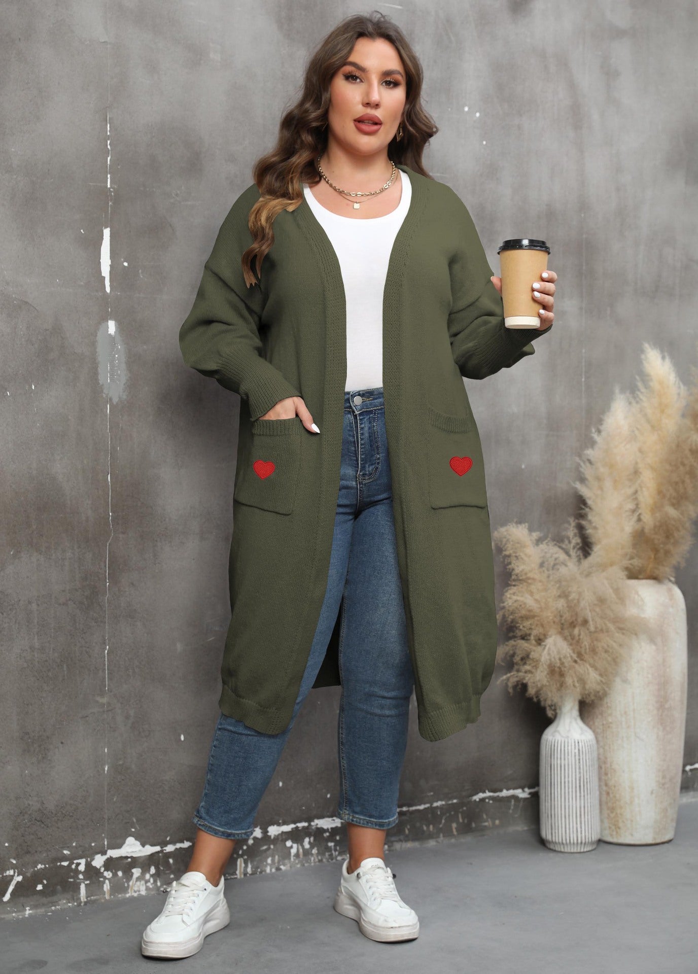 Women's Loose Medium and Long Double Pocket Lantern Sleeve Sweater Cardigan Jacket