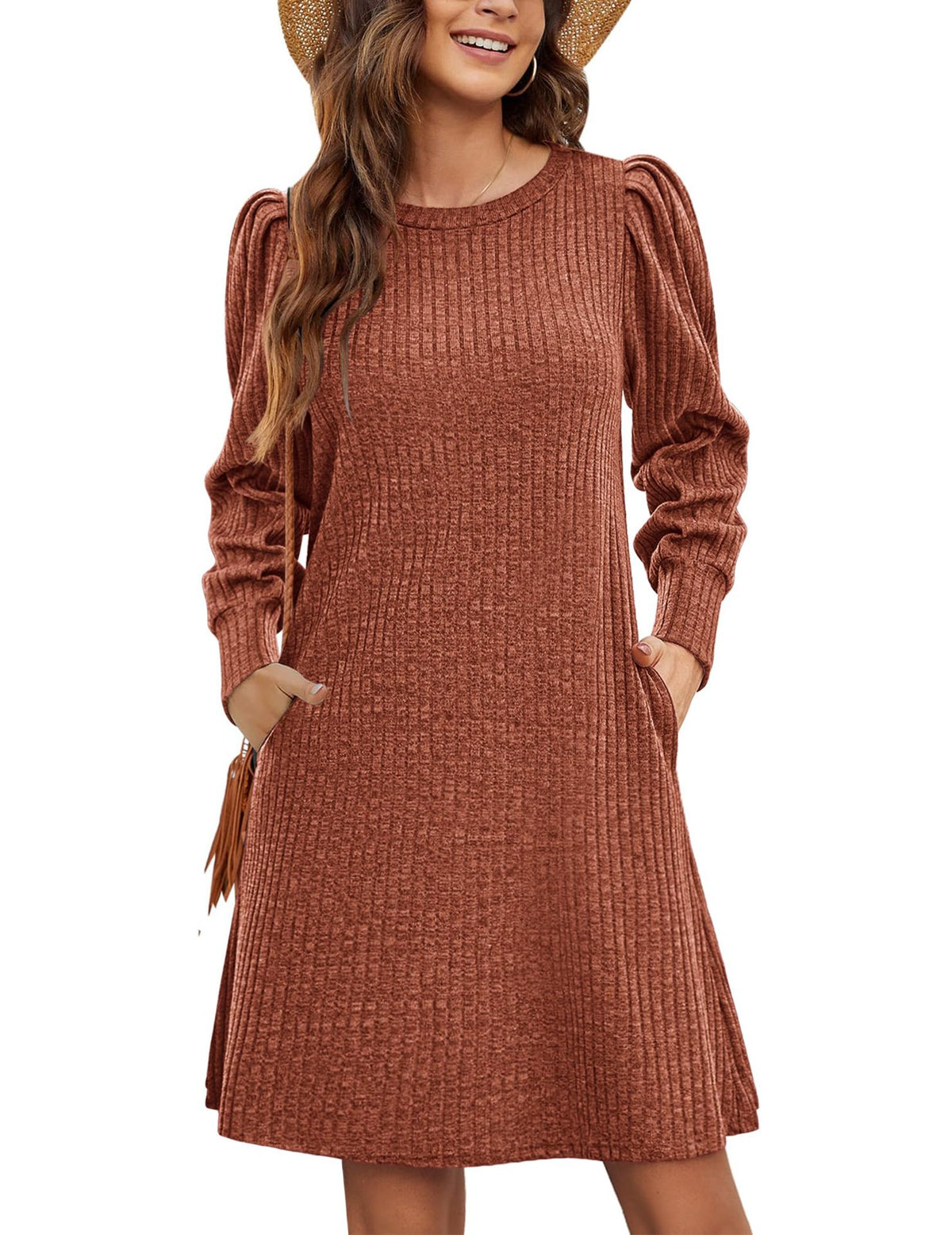 Ribbed Puff Sleeve A-Line Midi Sweater Dress