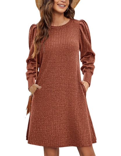 Ribbed Puff Sleeve A-Line Midi Sweater Dress