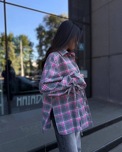 Oversized Plaid Tie Waist Long Sleeve Shirt Women