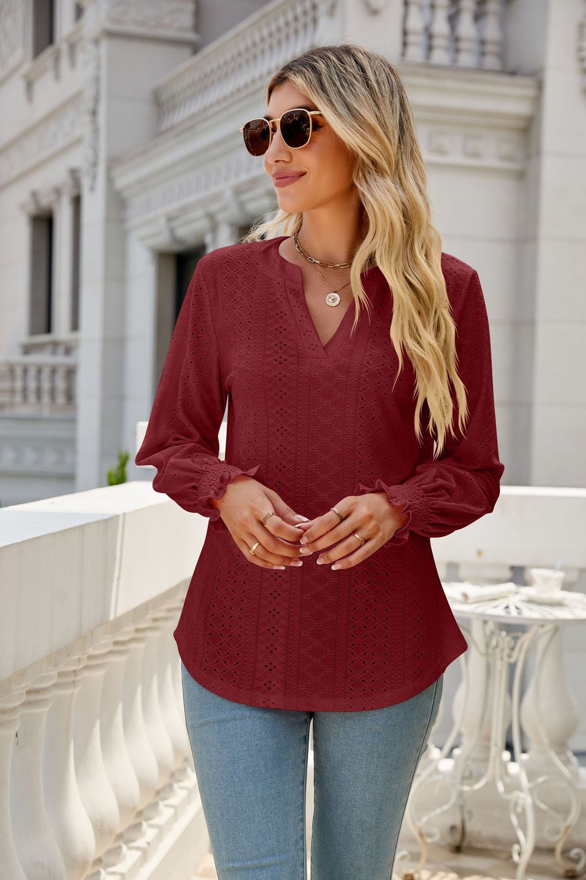 Women's Eyelet V-Neck Long Sleeve Ruffle Cuff Loose Blouse