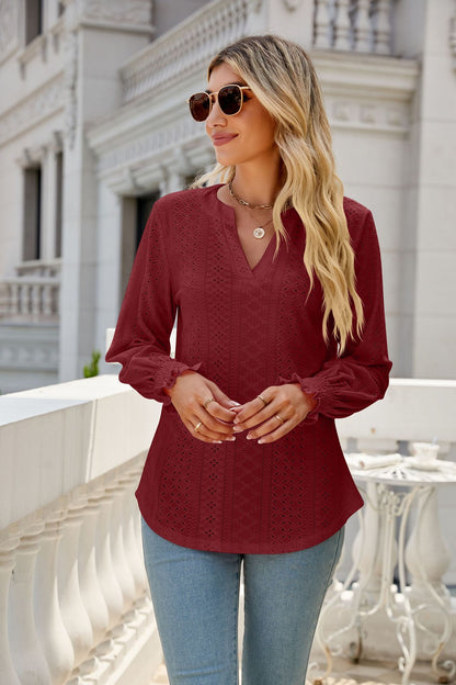 Women's Eyelet V-Neck Long Sleeve Ruffle Cuff Loose Blouse