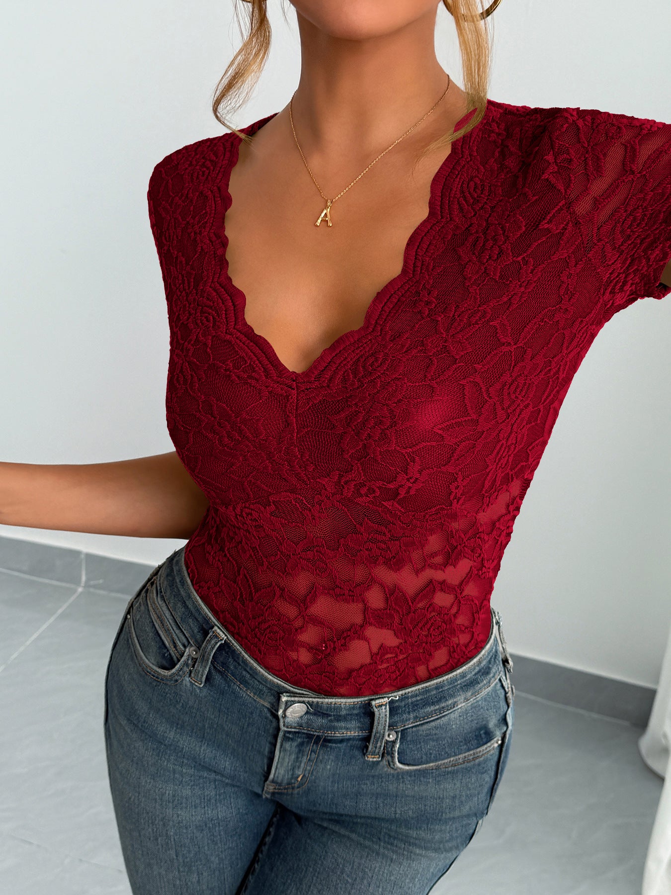 Sexy Lace V-Neck Short Sleeve Top Elegant Sheer Blouse