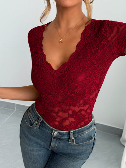 Sexy Lace V-Neck Short Sleeve Top Elegant Sheer Blouse