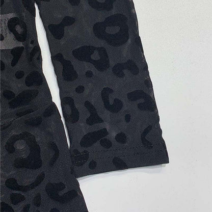 Sexy Sheer Flocked Leopard Mesh Long Sleeve Jumpsuit