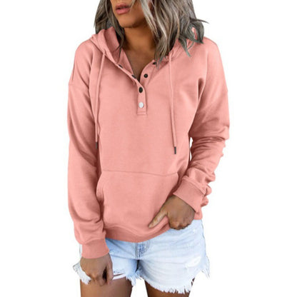 Women's Henley Hoodie Button Drawstring Pocket Pullover