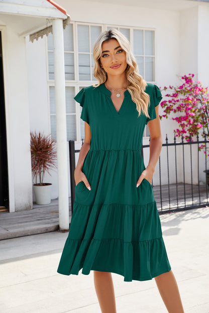 V-Neck Waist-Defined Short Sleeve Colorblock Dress