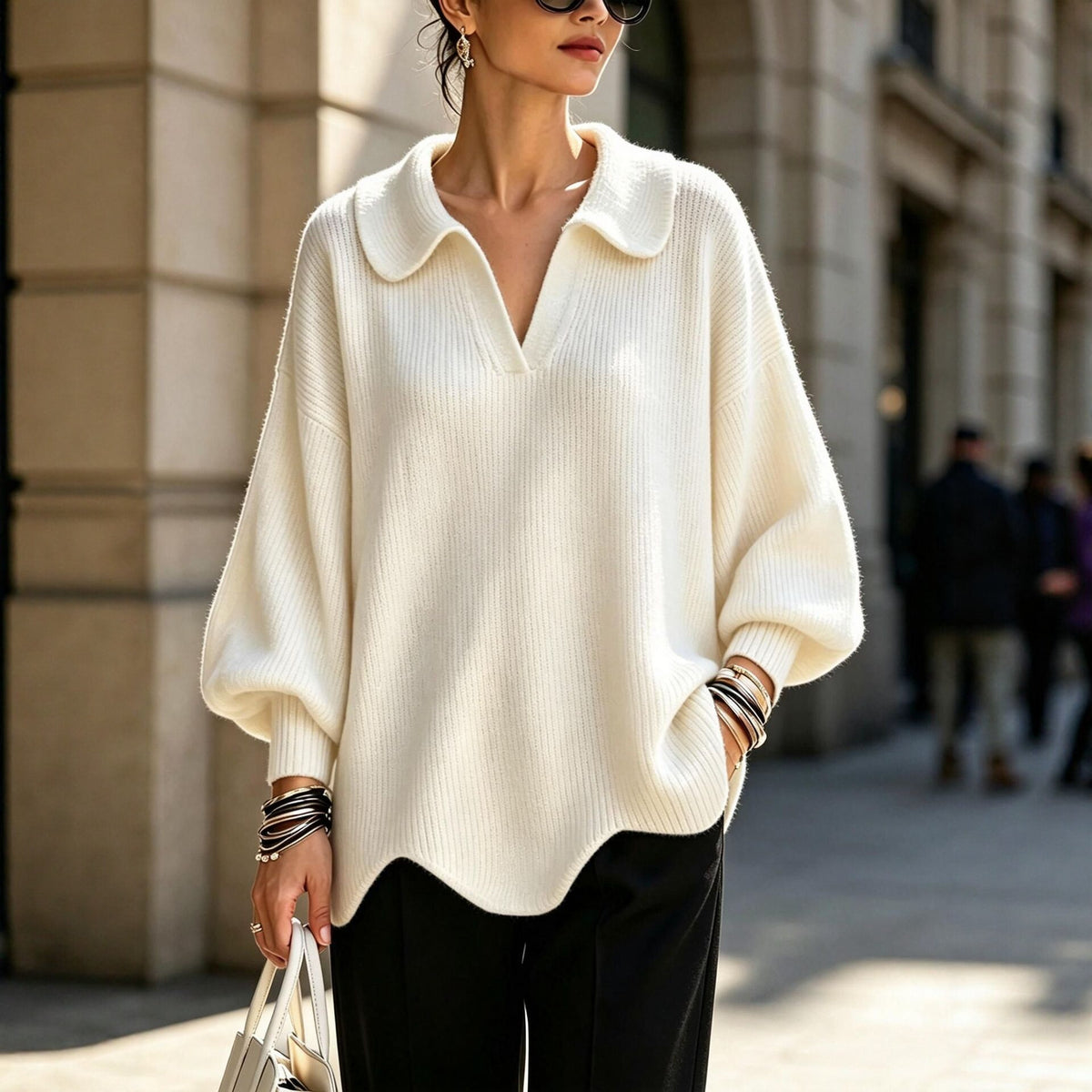 Women's Oversized Collar V-Neck Balloon Sleeve Sweater