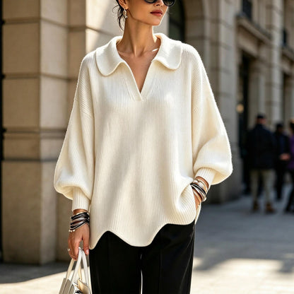 Women's Oversized Collar V-Neck Balloon Sleeve Sweater