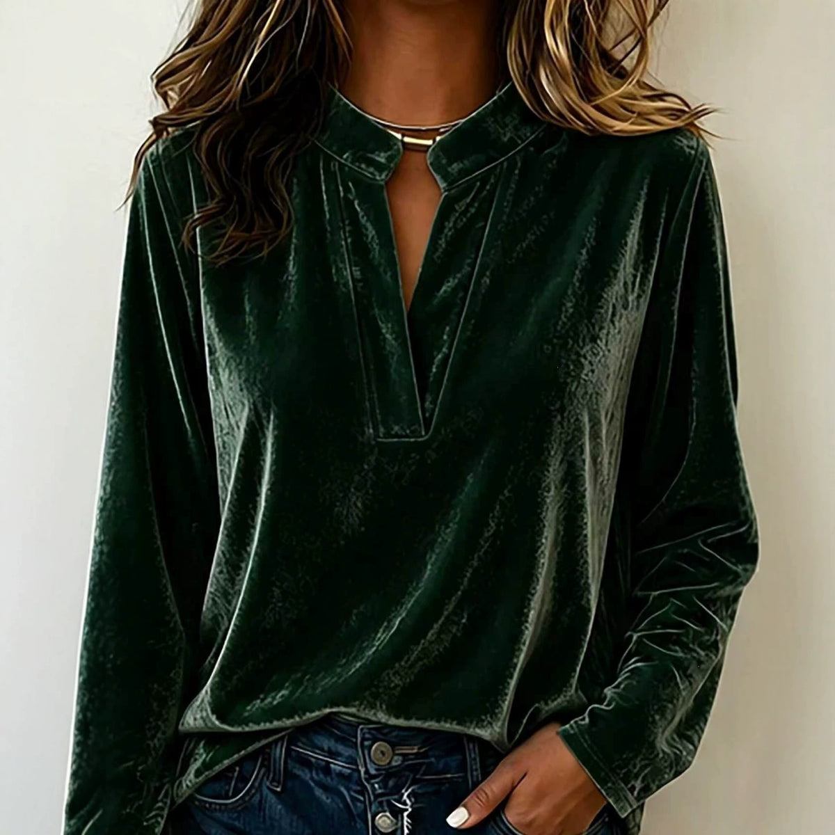 Women's Velvet V-Neck Long Sleeve Casual Blouse Top