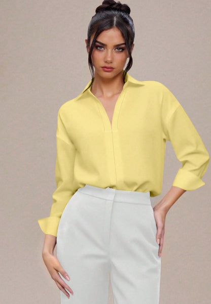 Women's V Neck Collared Business Casual Blouse Long Sleeve