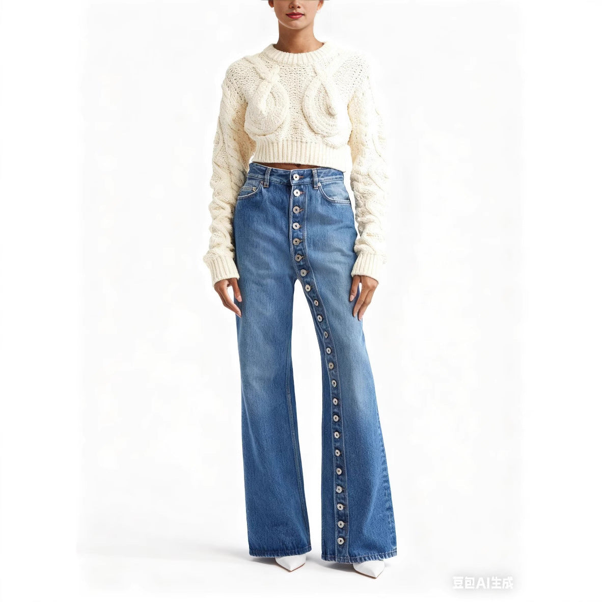 Vintage Washed Button Front High Waist Straight Jeans