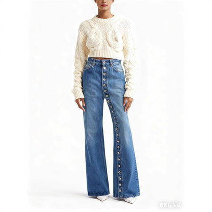 Vintage Washed Button Front High Waist Straight Jeans
