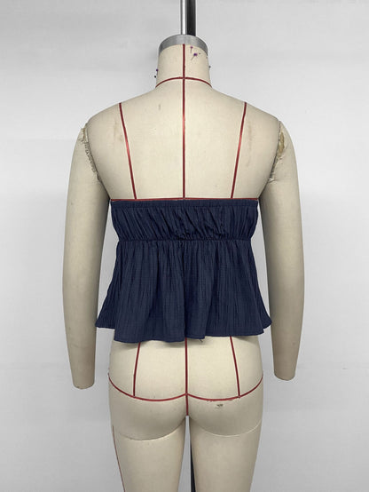 Navy Strapless Ruffle Top & Wide Leg Pants Two Piece Set