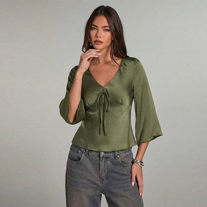 Women's V Neck Tie Front Bell Sleeve Blouse
