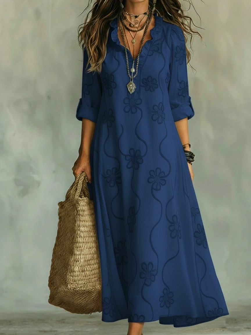 Boho Embroidered Maxi Dress V-Neck Flowy Long Sleeve