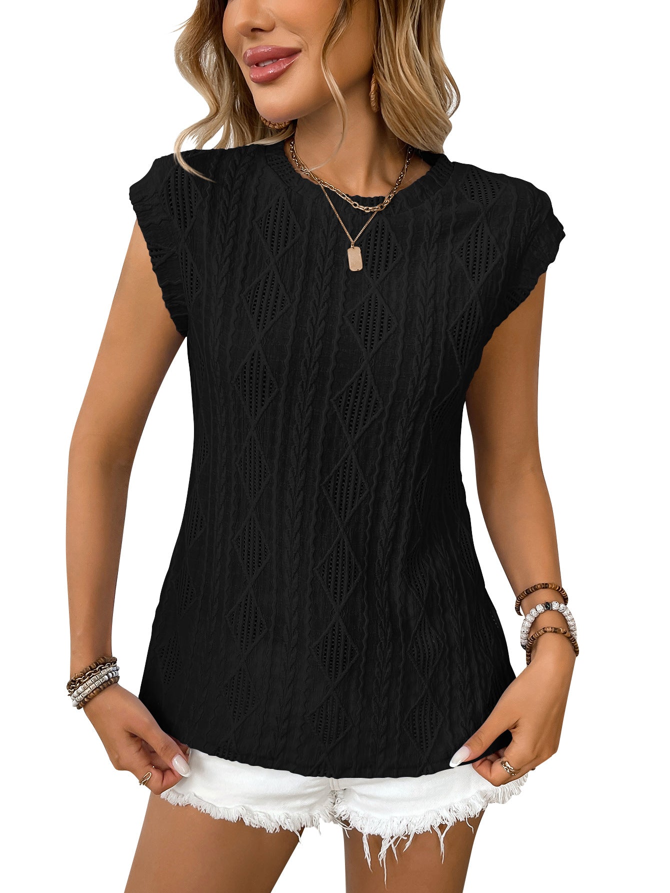 Women's Jacquard Sleeveless Top – Casual Summer Tank Blouse