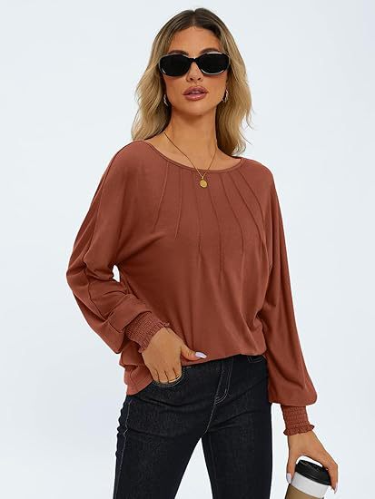 Women's Pleated Crewneck Balloon Sleeve Oversized Top