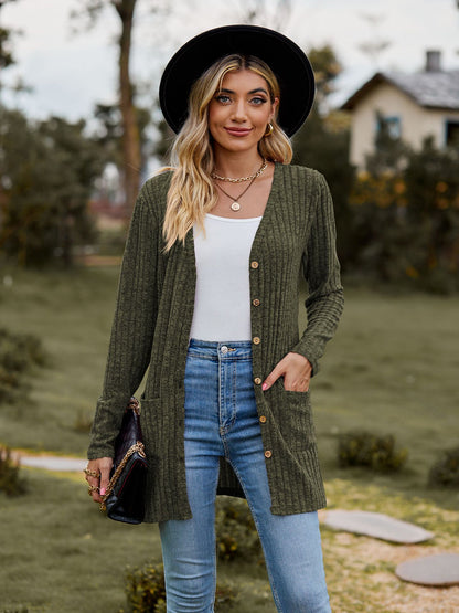 Ribbed Knit Cardigan Long Sleeve Button Pocket Sweater