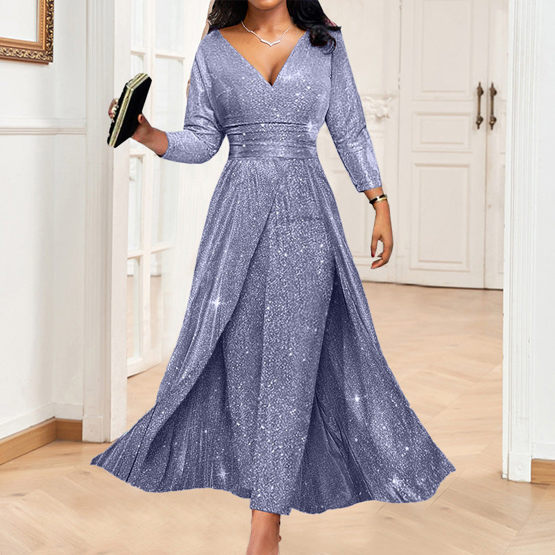 Sequin V-Neck Long Sleeve Maxi Evening Dress