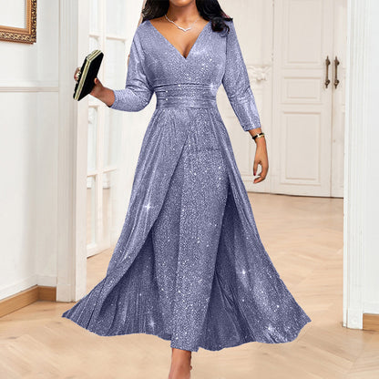 Sequin V-Neck Long Sleeve Maxi Evening Dress