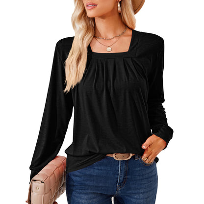 Women's Square Neck Pleated Long Sleeve Loose Casual Top