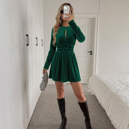 Ribbed Velvet Keyhole Long Sleeve Mini Dress