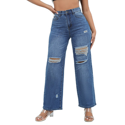 Ripped Denim Wide Leg Pants High Waist Casual Jeans