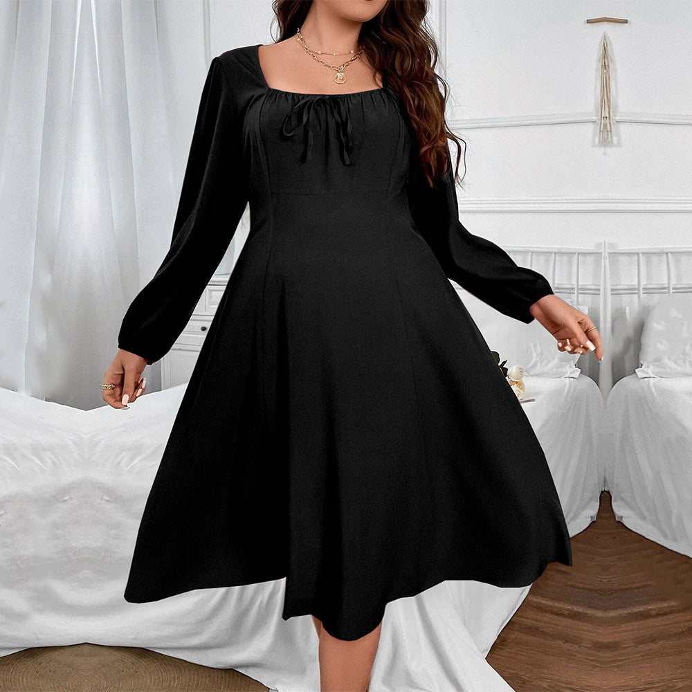 Women's new square neck waist Slim A-line dress temperament long-sleeved dresses