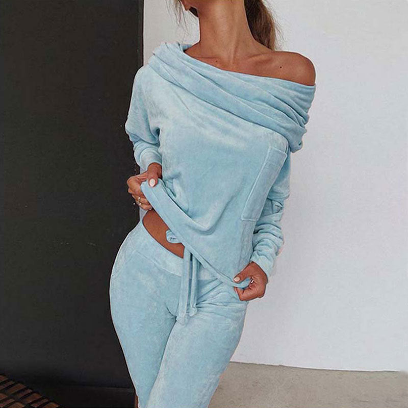 Women's Off Shoulder Velour Lounge Tracksuit Set