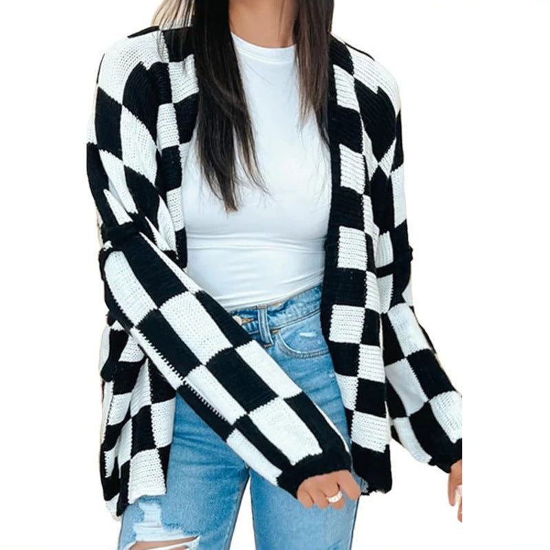 Women's Oversized Checkered Open Front Knit Cardigan