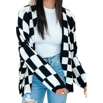 Women's Oversized Checkered Open Front Knit Cardigan