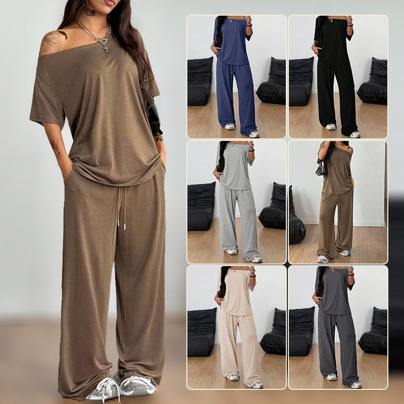 Women Off Shoulder Wide Leg Pants Casual Two Piece Set