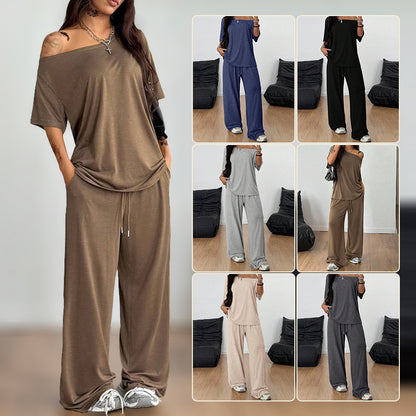 Women Off Shoulder Wide Leg Pants Casual Two Piece Set