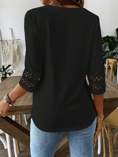 Women's Lace Trim 3/4 Sleeve Tunic Blouse