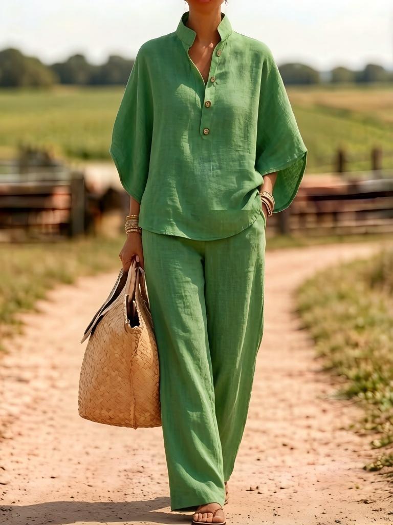 Linen Button Front Top Wide Leg Pants Matching Set
