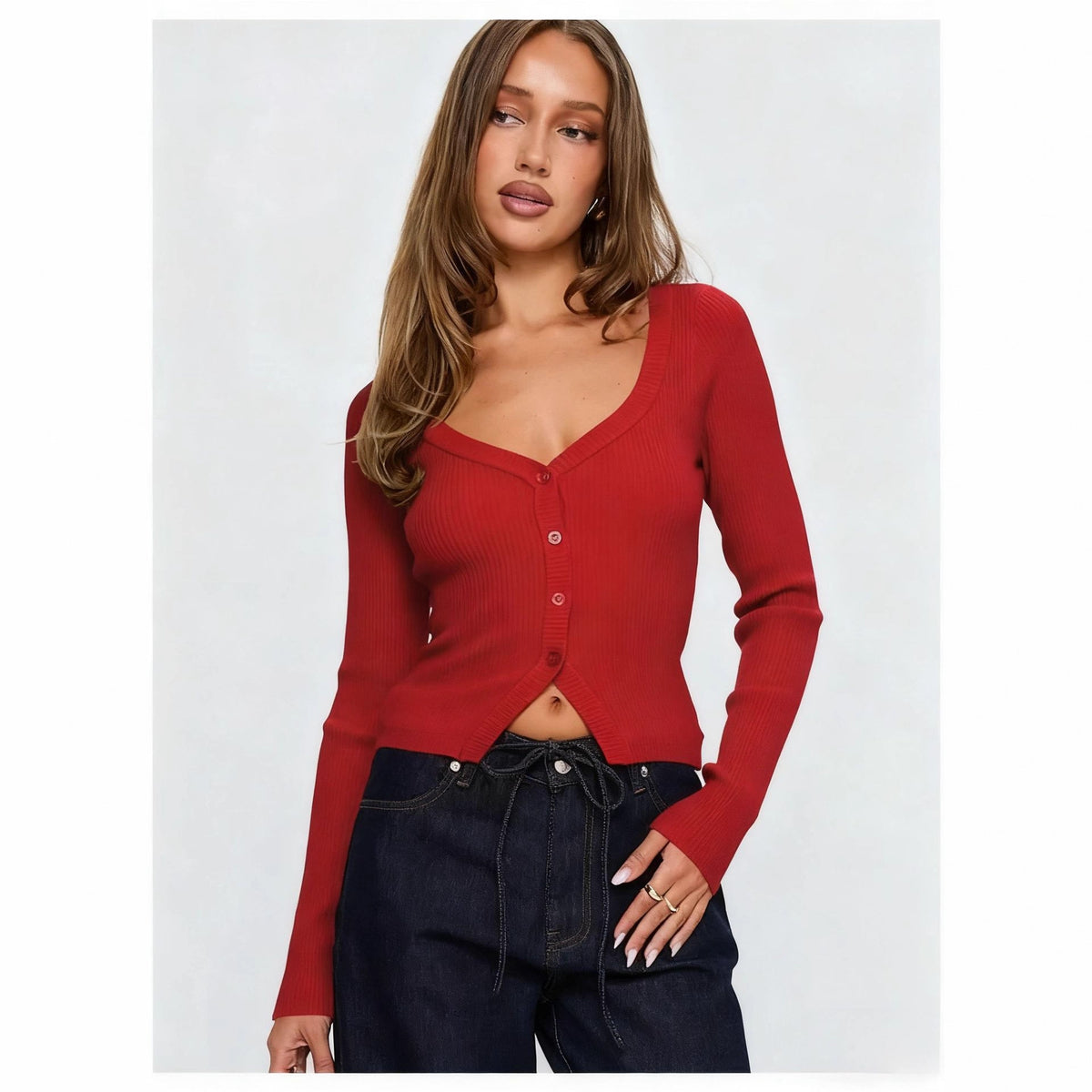 Sexy Ribbed V-Neck Crop Cardigan Button Front Long Sleeve