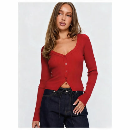 Sexy Ribbed V-Neck Crop Cardigan Button Front Long Sleeve
