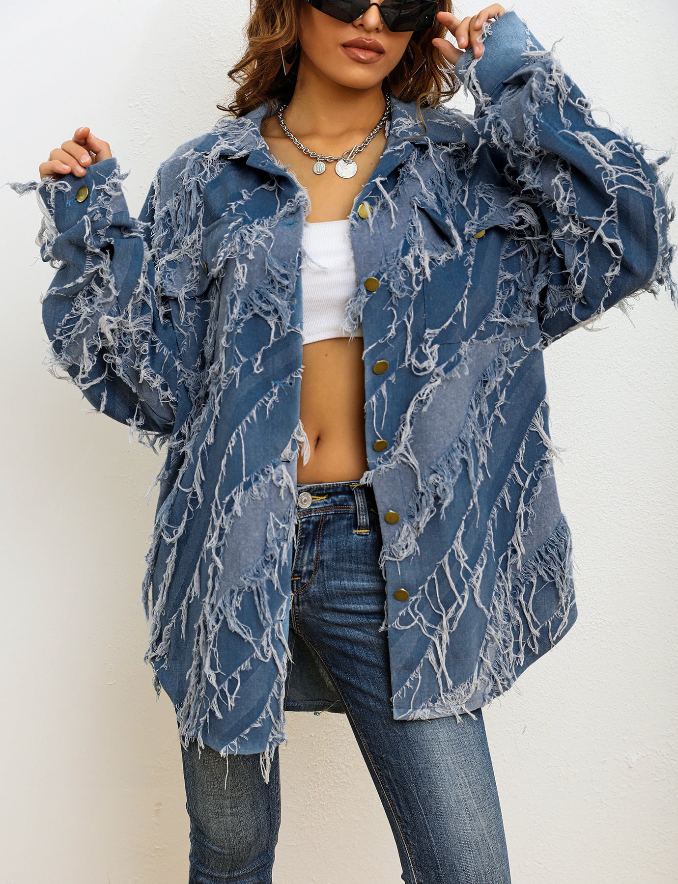 Women's Oversized Fringe Distressed Denim Jacket