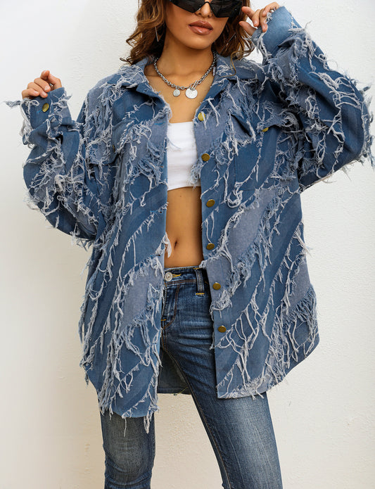 Women's Oversized Fringe Distressed Denim Jacket