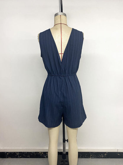 Textured V Neck Cami Romper Sleeveless Casual Jumpsuit