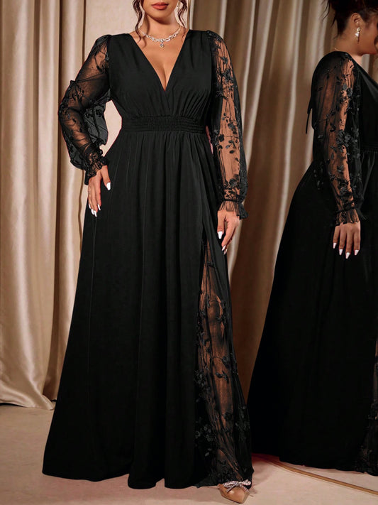 Plus Size Lace V Neck Slit Evening Maxi Dress