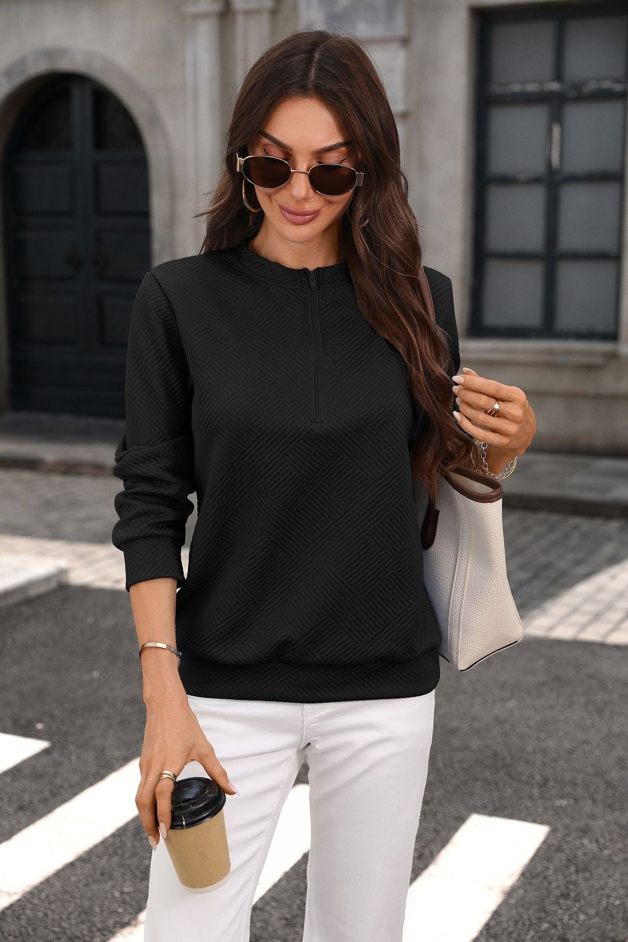 Quilted Half Zip Sweatshirt Loose Textured Pullover
