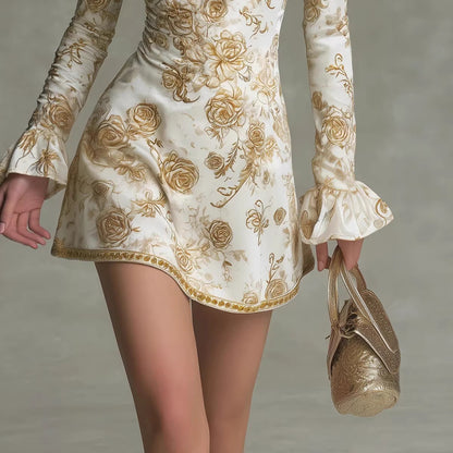 Floral Square Neck Mini Dress Tie Back Long Sleeve