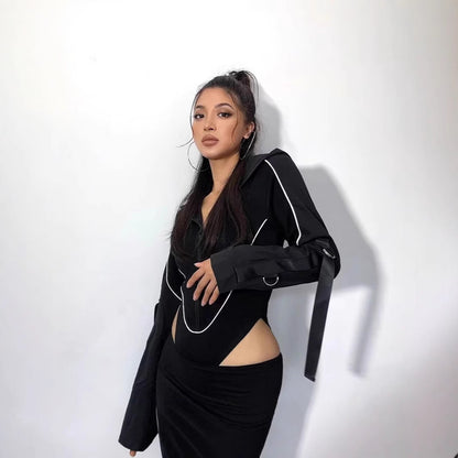 Women Hooded Cut Out Bodysuit Long Sleeve Streetwear
